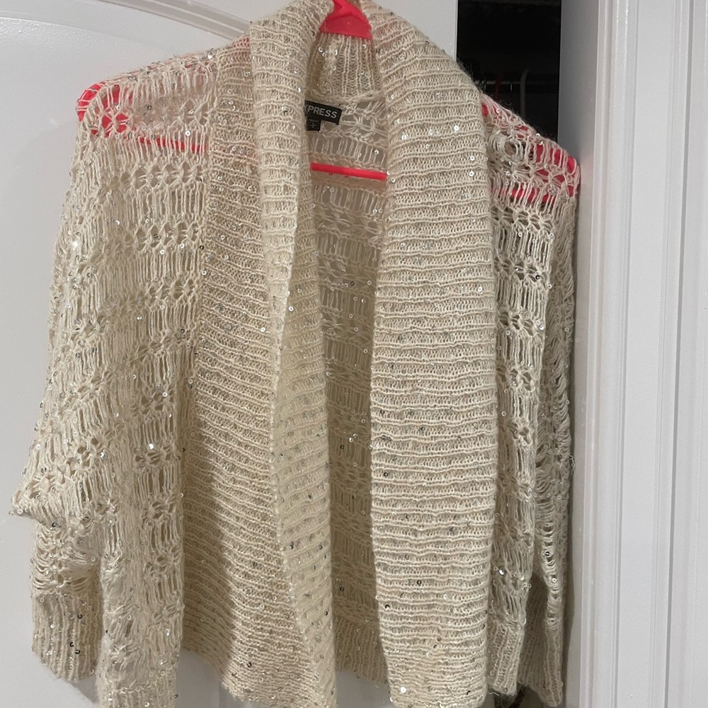 Express Cream Open-Weave Sequin Shawl Cardigan